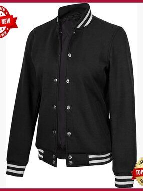 Fleece Varsity Bomber Jacket with Button Closure and Pockets